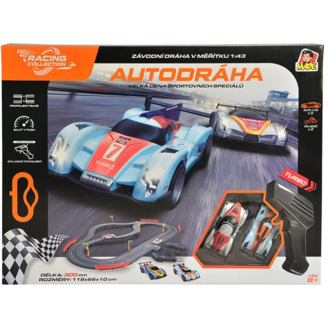 MaDe Autodráha 300 cm s mostem, 2 závodní auta 1:43, USB napájení ~ 3