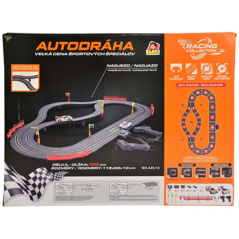 MaDe Autodráha 300 cm s mostem, 2 závodní auta 1:43, USB napájení ~ 4