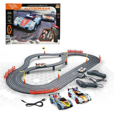 MaDe Autodráha 300 cm s mostem, 2 závodní auta 1:43, USB napájení ~ 5