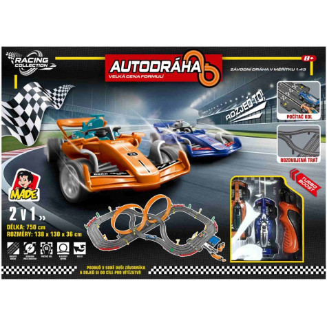MaDe Autodráha Formule 750 cm se 2 lopingy a počítadlem kol, 2 auta 1:43 ~ 5