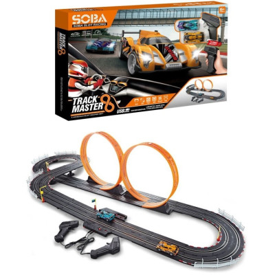 MaDe Autodráha 685 cm se 2 lopingy, 2 závodní auta 1:43, USB napájení