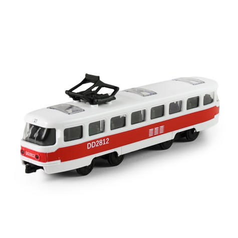 Rappa Tramvaj MHD červená plastová na setrvačník s otevíracími dveřmi 16 cm ~ 1