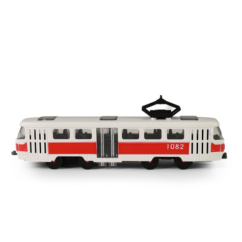 Rappa Tramvaj MHD červená plastová na setrvačník s otevíracími dveřmi 16 cm ~ 3