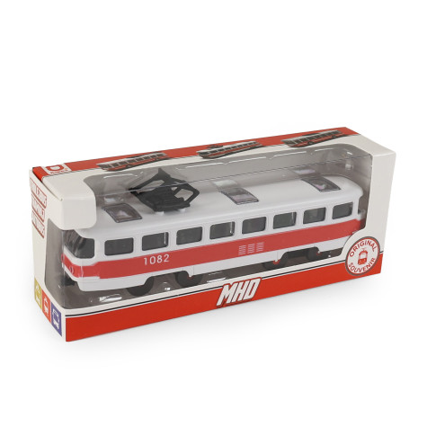 Rappa Tramvaj MHD červená plastová na setrvačník s otevíracími dveřmi 16 cm ~ 4