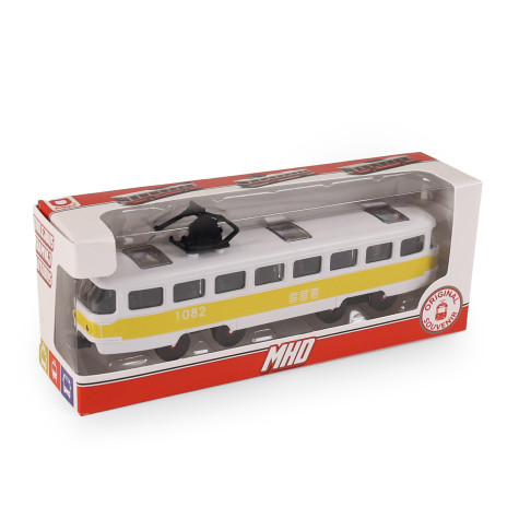 Rappa Tramvaj MHD žlutá plastová na setrvačník s otevíracími dveřmi 16 cm ~ 2
