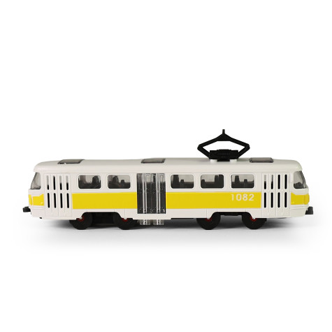 Rappa Tramvaj MHD žlutá plastová na setrvačník s otevíracími dveřmi 16 cm ~ 4