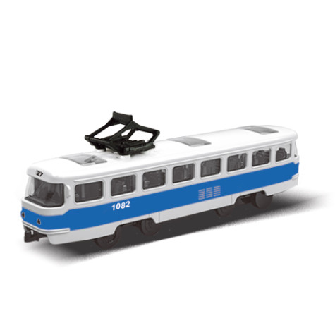 Rappa Tramvaj MHD modrá plastová na setrvačník s otevíracími dveřmi 16 cm ~ 1