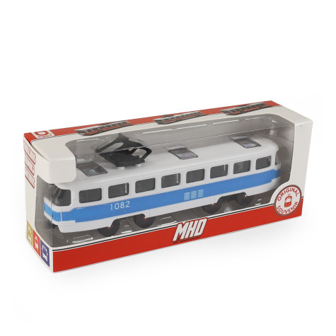 Rappa Tramvaj MHD modrá plastová na setrvačník s otevíracími dveřmi 16 cm ~ 2