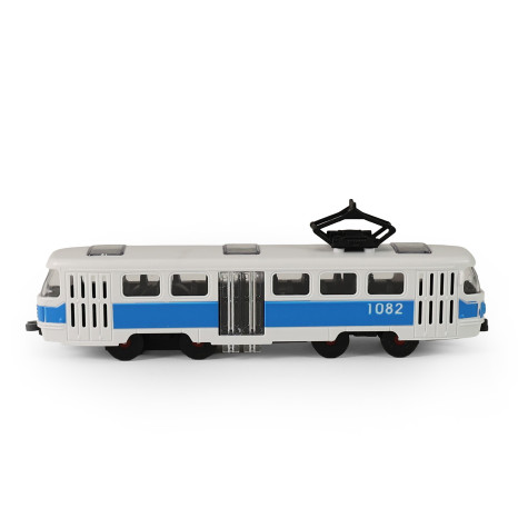 Rappa Tramvaj MHD modrá plastová na setrvačník s otevíracími dveřmi 16 cm ~ 4