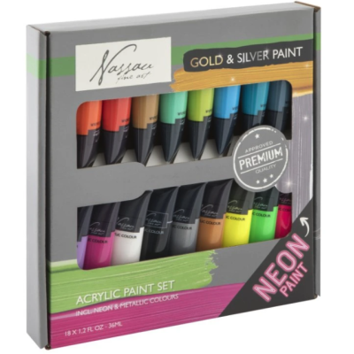 Nassau Akrylové barvy neonové a metalické 18ks 36ml