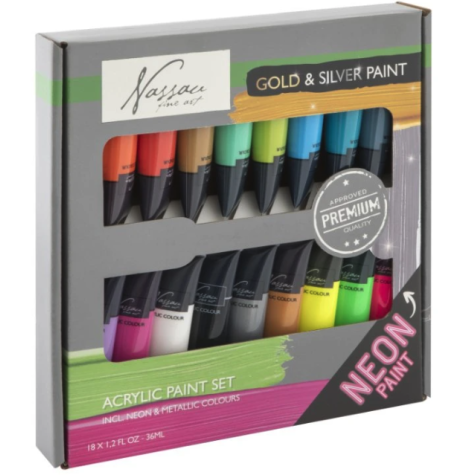 Nassau Akrylové barvy neonové a metalické 18ks 36ml ~ 1
