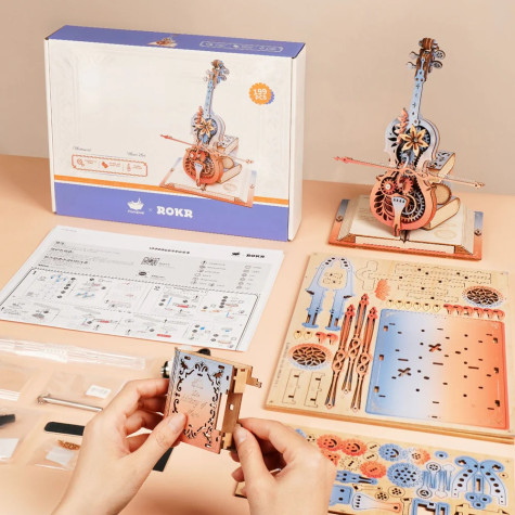 RoboTime 3D dřevěná skládačka hrací skříňky Kouzelné violoncello barevné (mechanický pohon ~ 3