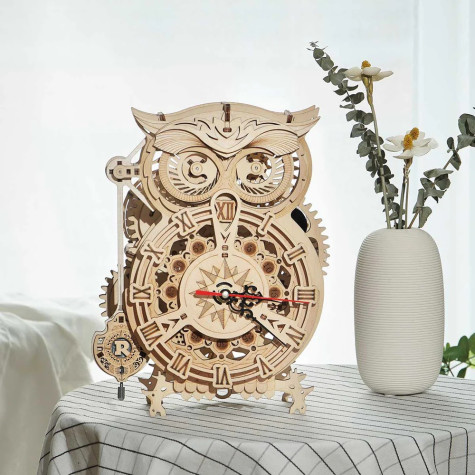 RoboTime 3D dřevěná mechanická skládačka Soví hodiny ~ 2