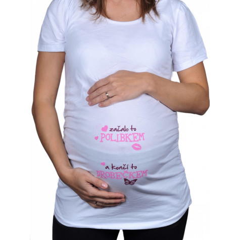 Těhotenské tričko - Začalo to polibkem - bílé - XL