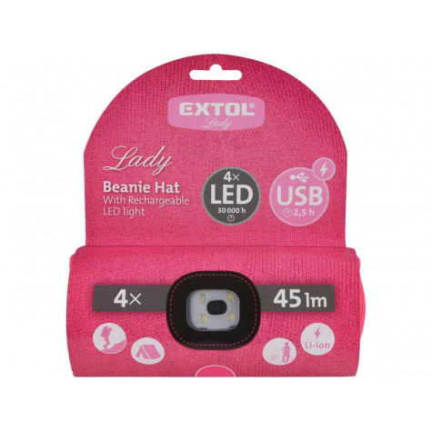 Extol Light Růžová čepice s čelovkou 4x45lm LED nabíjecí USB