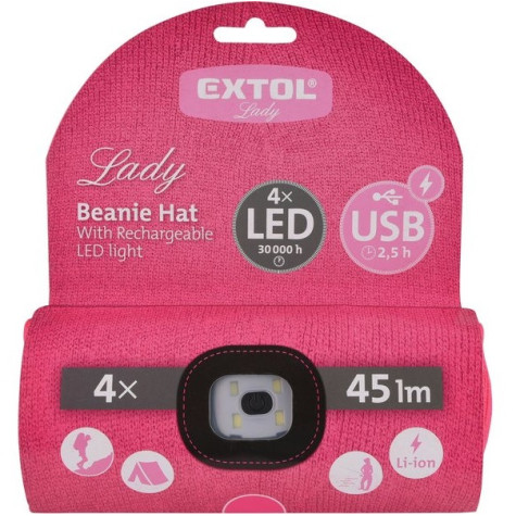 Extol Light Růžová čepice s čelovkou 4x45lm LED nabíjecí USB