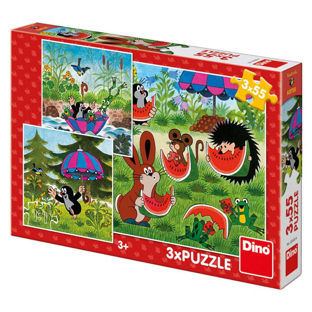 Dino Krteček a paraplíčko puzzle 3x55 dílků