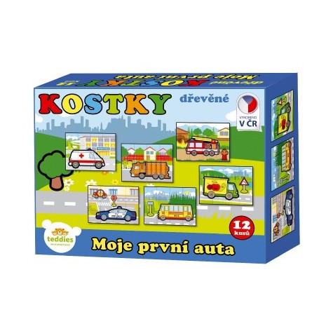 Teddies Kostky kubus dřevěné Moje první auta 12ks v krabičce