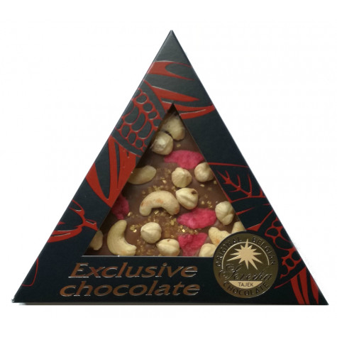 Čokoláda Exclusive trojúhelník 50g - Kešu, lísk. oříšek, růže a zlaté krystalky