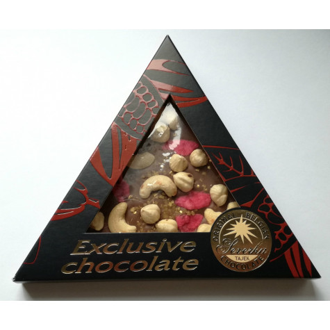 Čokoláda Exclusive trojúhelník 50g - Kešu, lísk. oříšek, růže a zlaté krystalky