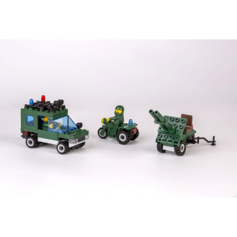 Stavebnice Cheva 45 Jeep vojenský s dělem  plast 123ks v krabici 18x19x9cm ~ 2