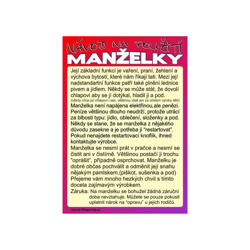 Certifikát - Návod na použití manželky