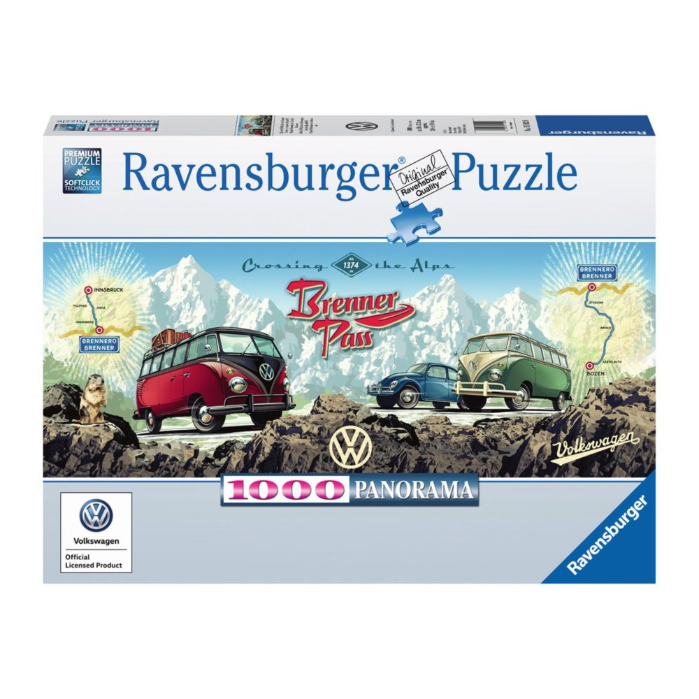 RAVENSBURGER Panoramatické puzzle Přes Alpy s VW 1000 dílků