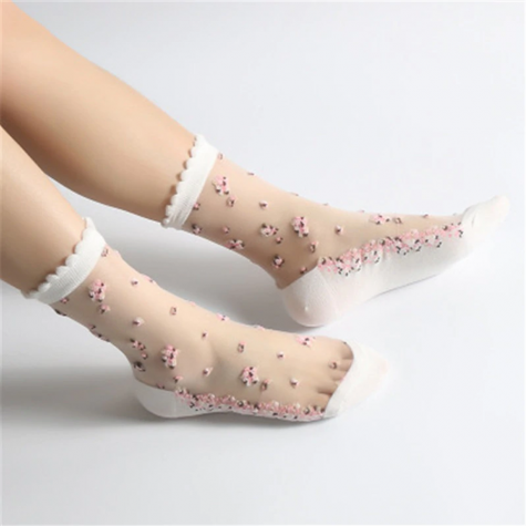 Průhledné ponožky s květy -  bílé - vel. uni