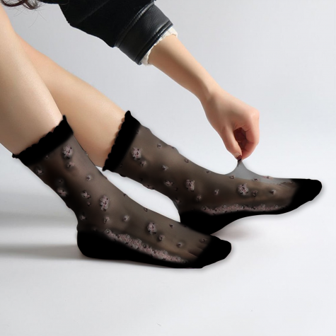 Průhledné ponožky s květy - černé - vel. uni