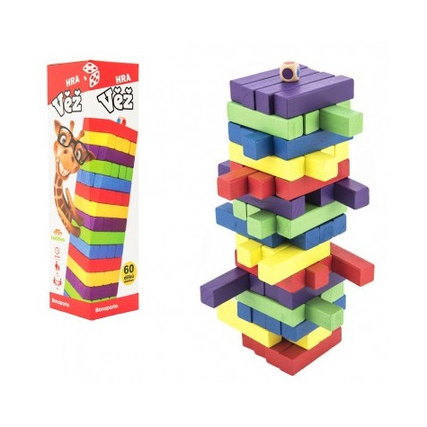 Hra věž dřevěná 60ks barevných dílků v krabičce 7,5x27,5x7,5cm