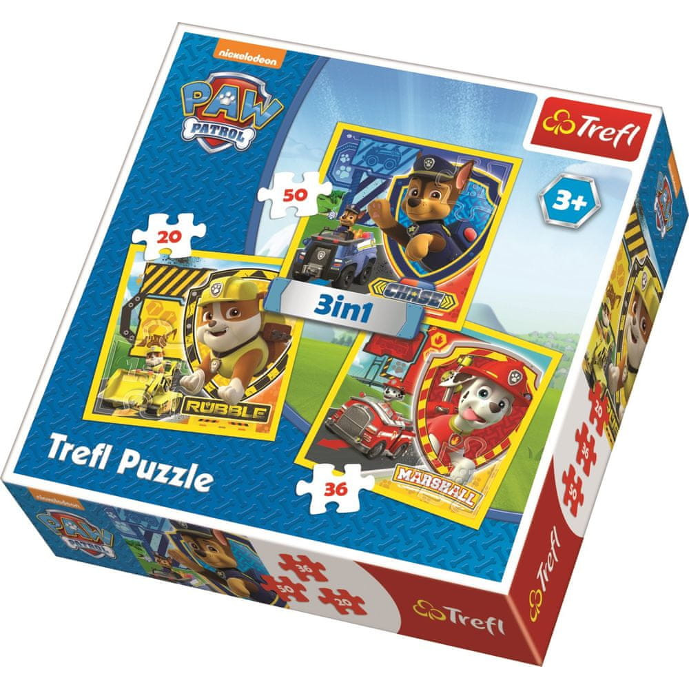 Trefl Puzzle 3v1 Marshall, Rubble a Chase Tlapková patrola/Paw Patrol 20, 36, 50 dílků