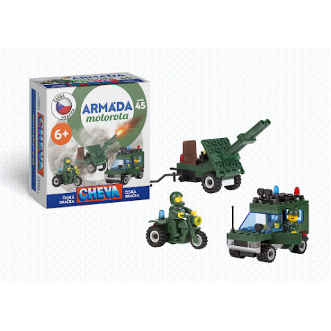 Stavebnice Cheva 45 Jeep vojenský s dělem  plast 123ks v krabici 18x19x9cm ~ 1