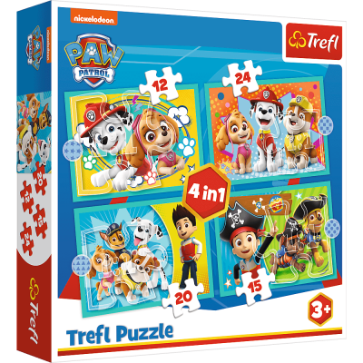 Trefl Puzzle 4v1 Šťastný tým Paw Patrol/Tlapková Patrola 12, 15, 20, 24 dílků