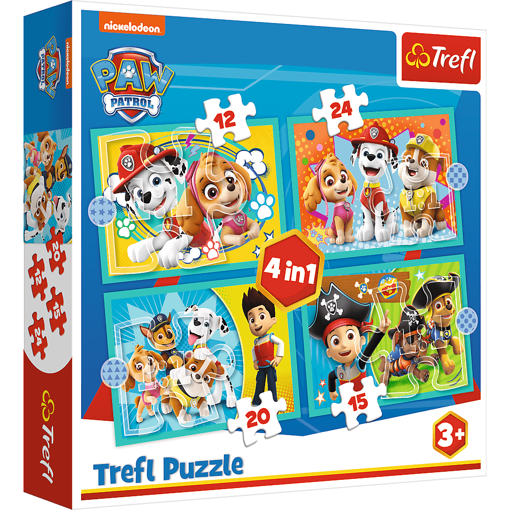 Trefl Puzzle 4v1 Šťastný tým Paw Patrol/Tlapková Patrola 12, 15, 20, 24 dílků