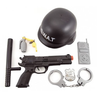Sada policie SWAT helma+pistole na setrvačník s doplňky