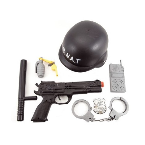 Sada policie SWAT helma+pistole na setrvačník s doplňky ~ 1