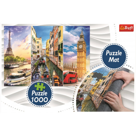 TREFL Puzzle Koláž měst Paříž-Benátky-Londýn 1000 dílků + Podložka pod puzzle ~ 3