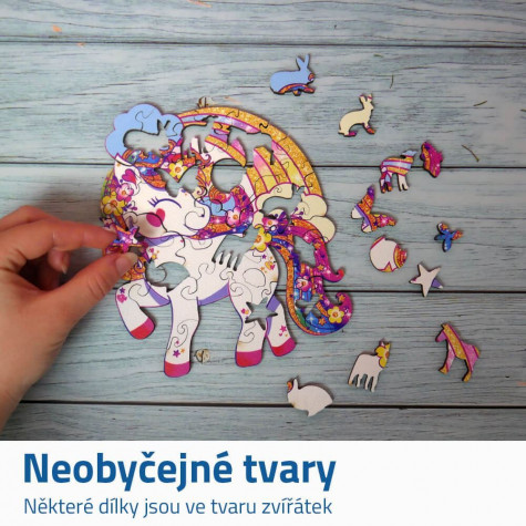 Dřevěné puzzle - jednorožec s duhou