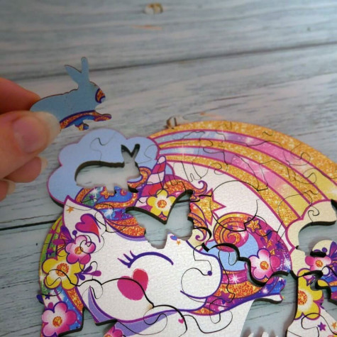 Dřevěné puzzle - jednorožec s duhou ~ 6