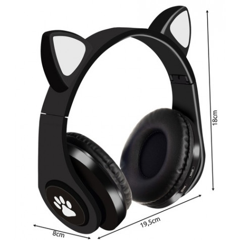 Bezdrátová svítící sluchátka s ušima - kočička - černé
