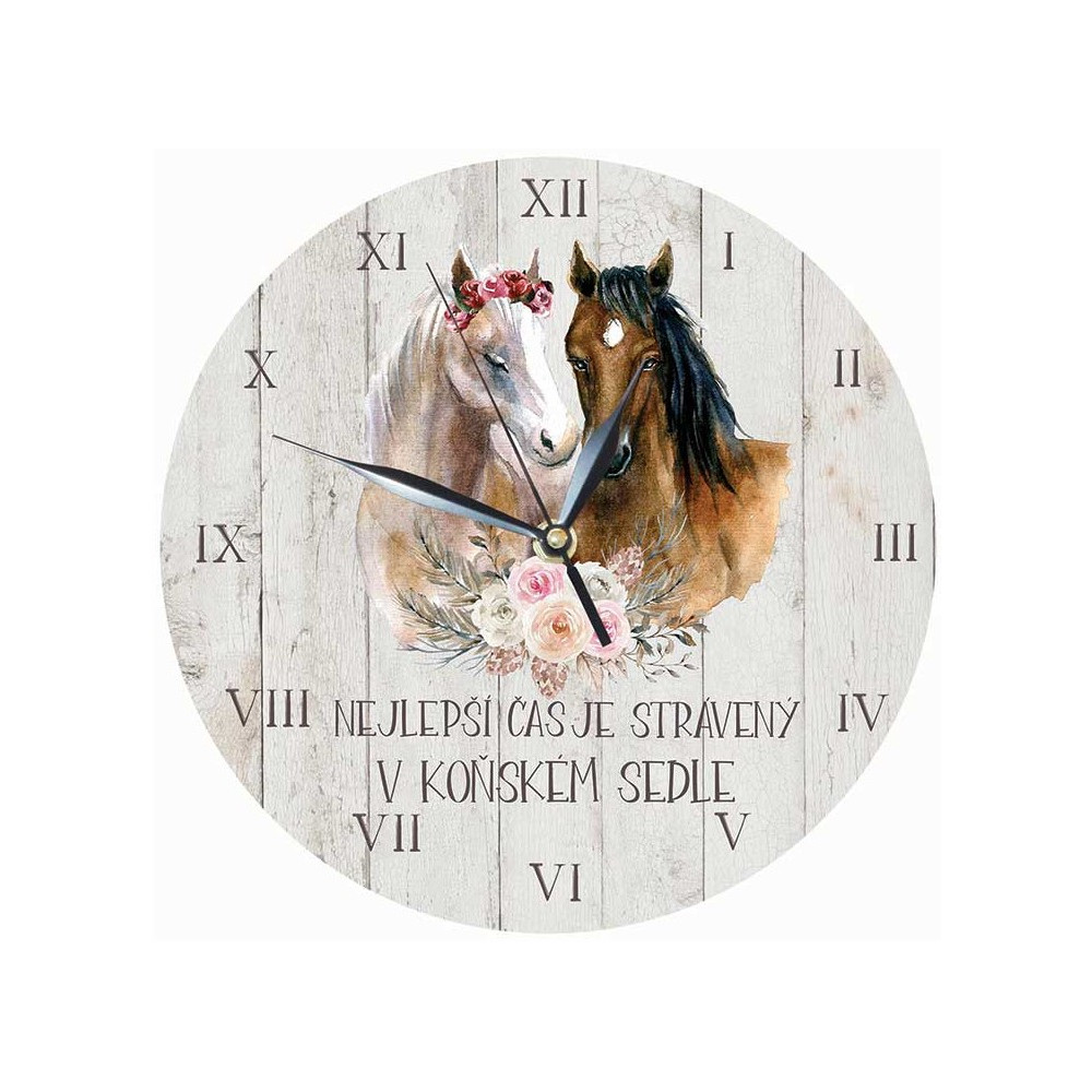 Dřevěné hodiny 24 cm - Koně