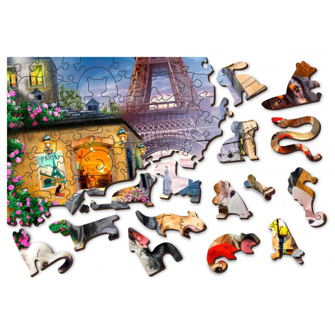 WOODEN CITY Dřevěné puzzle Štěňata v Paříži 2v1, 75 dílků EKO ~ 7