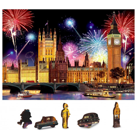 WOODEN CITY Dřevěné puzzle Noční Londýn 2v1, 75 dílků EKO ~ 1