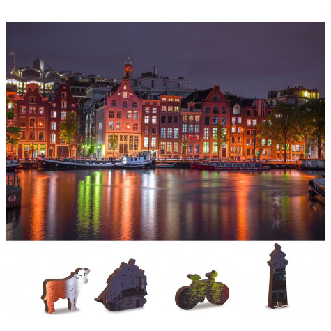 WOODEN CITY Dřevěné puzzle Noční Amsterdam 2v1, 75 dílků EKO ~ 1