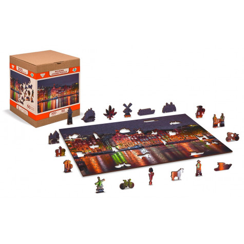 WOODEN CITY Dřevěné puzzle Noční Amsterdam 2v1, 75 dílků EKO