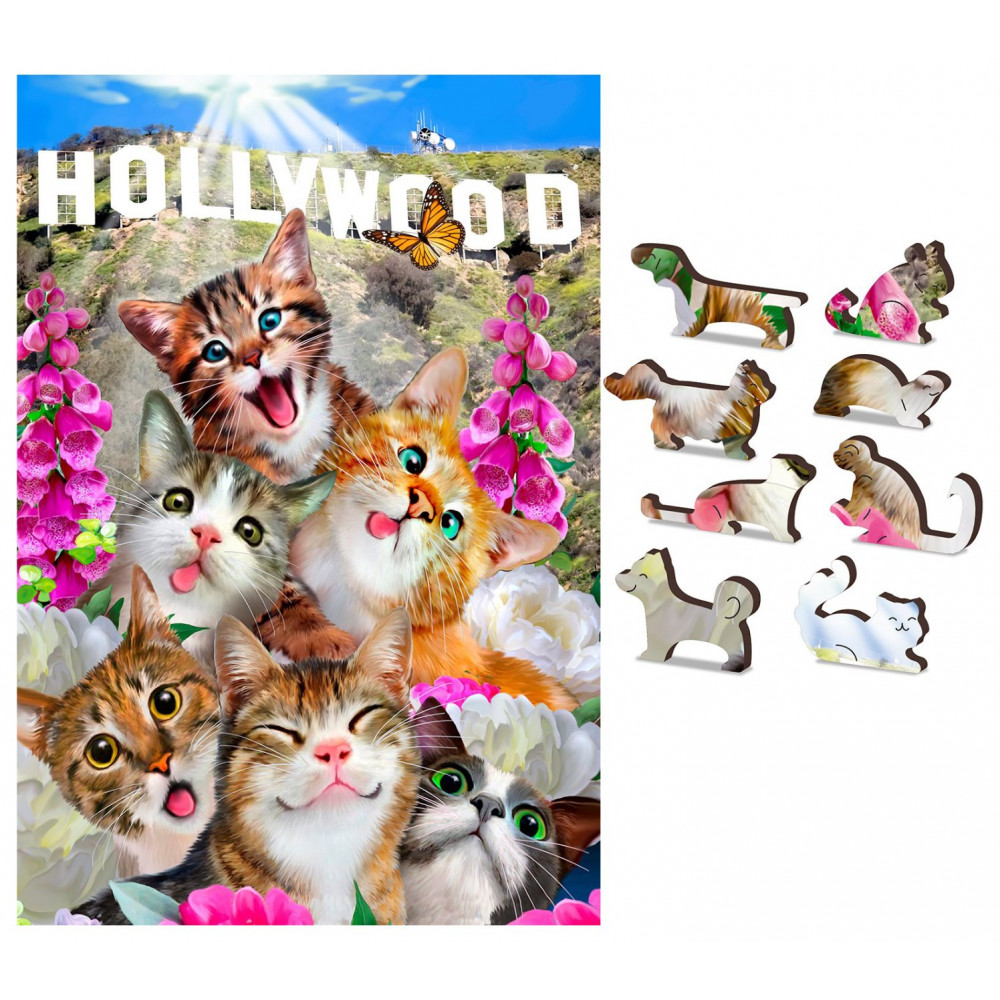 WOODEN CITY Dřevěné puzzle Koťata v Hollywoodu 2v1, 75 dílků EKO