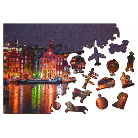 WOODEN CITY Dřevěné puzzle Noční Amsterdam 2v1, 150 dílků EKO