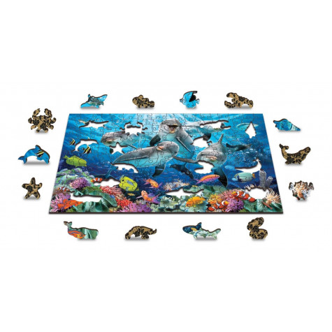 WOODEN CITY Dřevěné puzzle Šťastní delfíni 2v1, 200 dílků EKO ~ 3