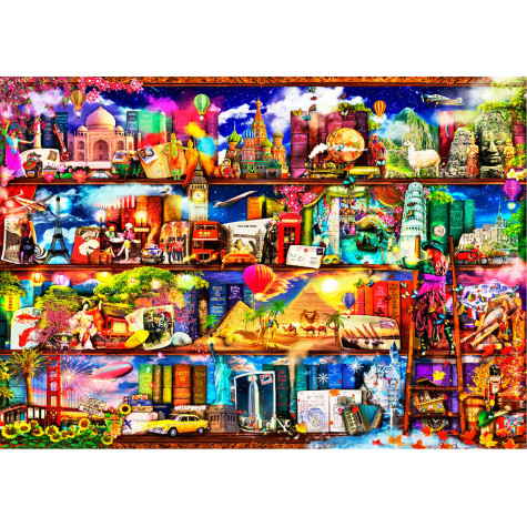 WOODEN CITY Dřevěné puzzle Police na knihy o cestování 2v1, 505 dílků EKO ~ 2
