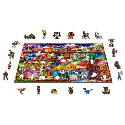 WOODEN CITY Dřevěné puzzle Police na knihy o cestování 2v1, 505 dílků EKO ~ 3